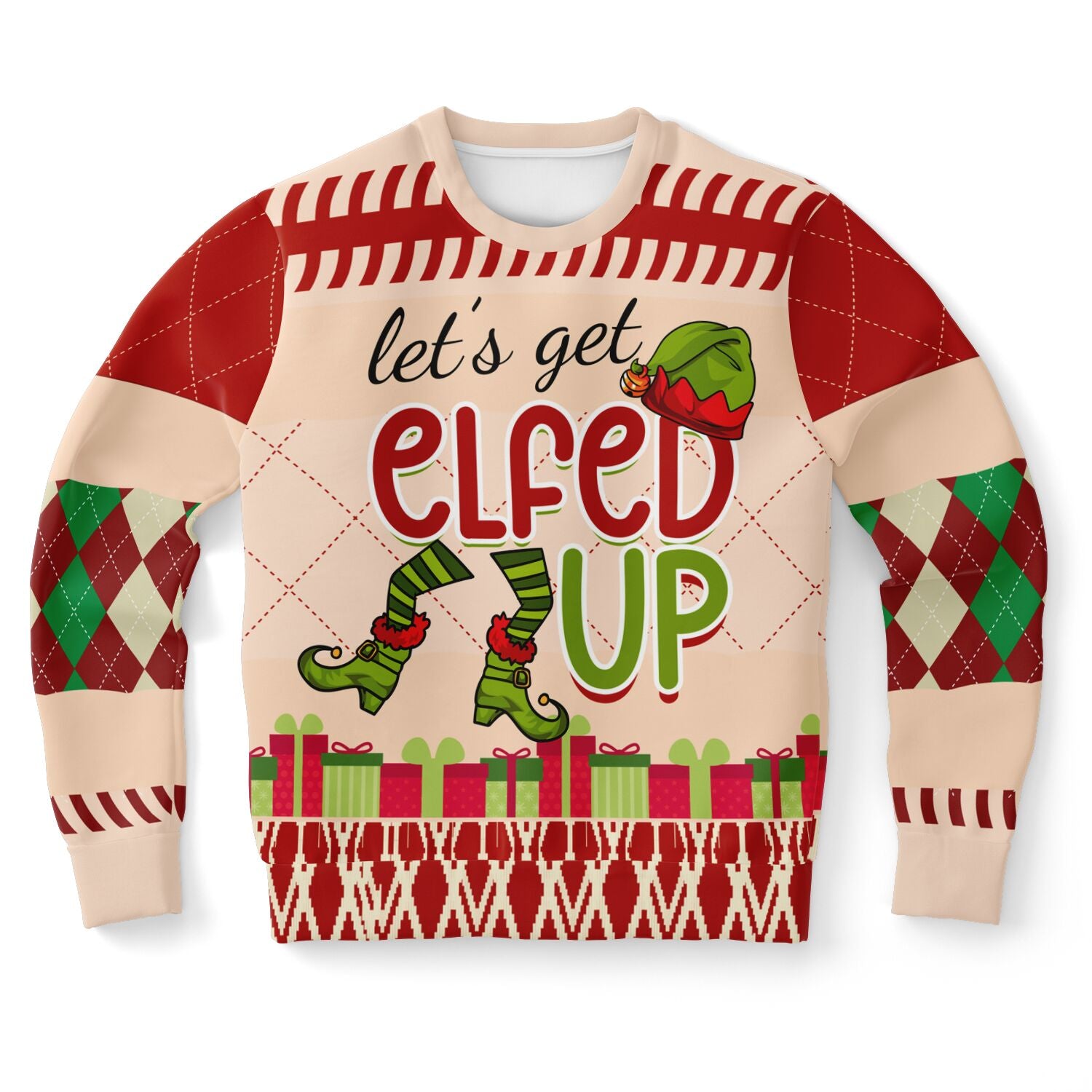Christmas-themed sweater with 'let's get elfed up' text and elf graphics on a white background