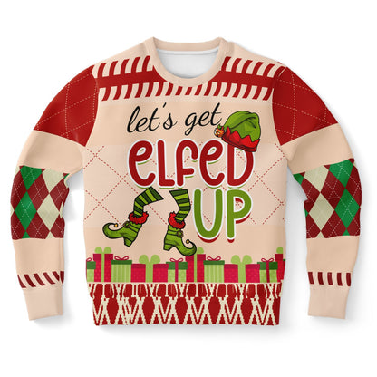 Christmas-themed sweater with 'let's get elfed up' text and elf graphics on a white background