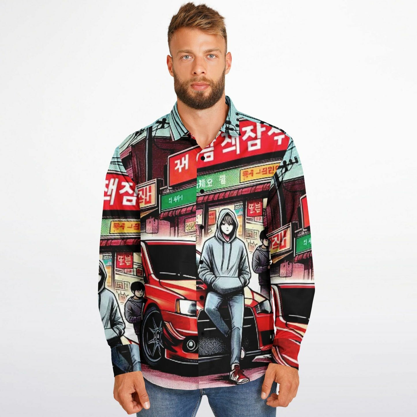 Japanese Street Painting Artwork Long Sleeve Button Down Shirt - AOP