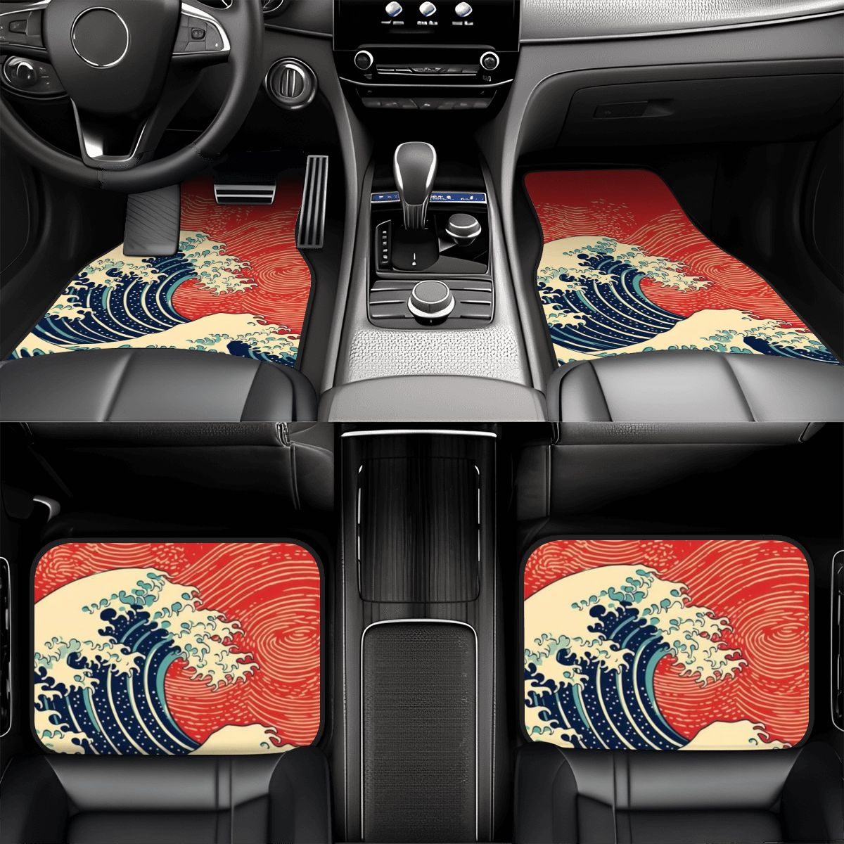 Car interior with wave-patterned floor mats on a black car dashboard.