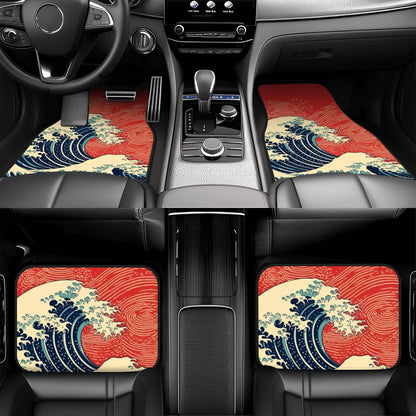 Car interior with wave-patterned floor mats on a black car dashboard.