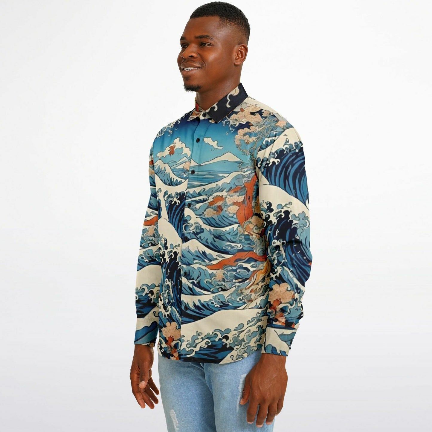 The Great Japanese Wave Artwork Long Sleeve Button Down Shirt - AOP