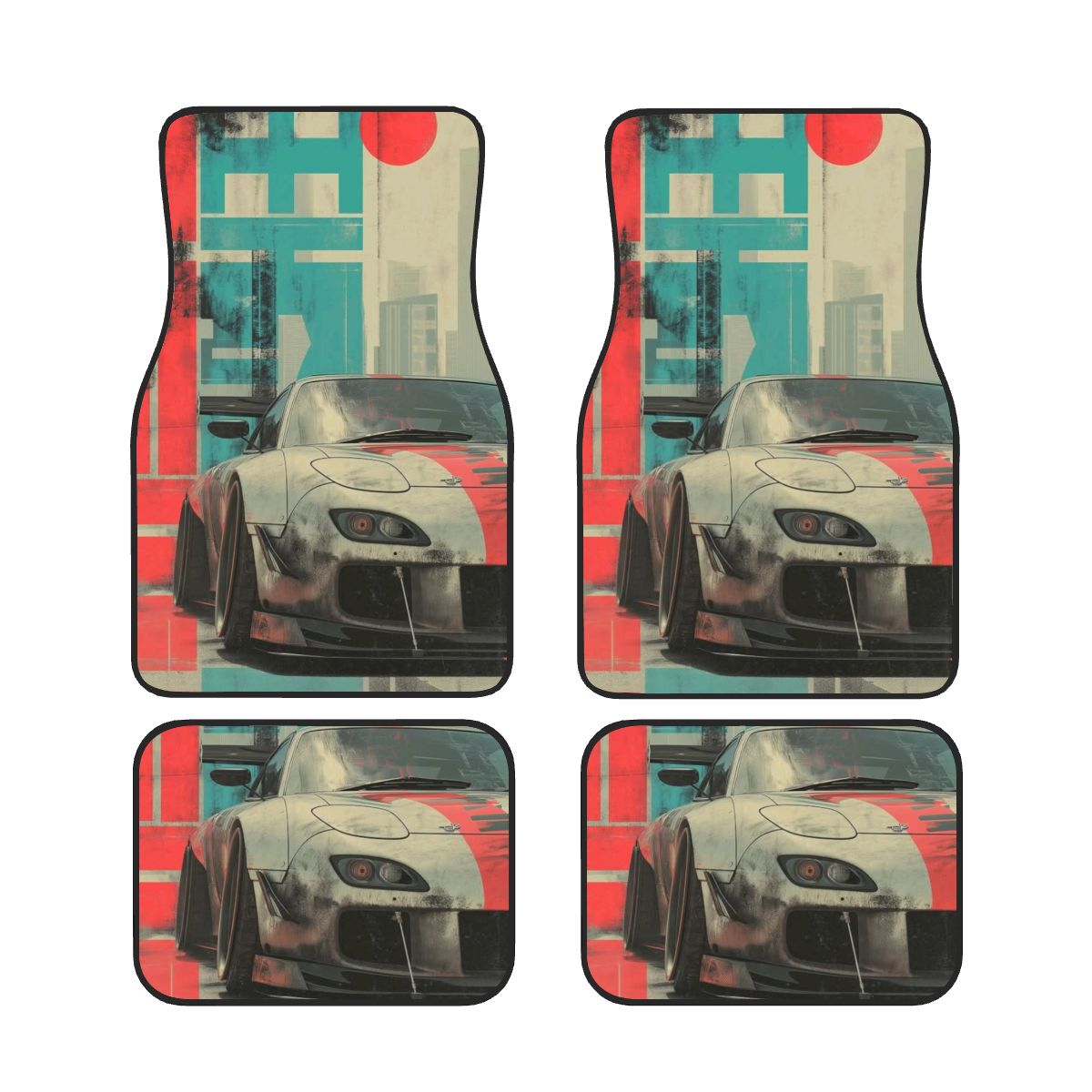 Four car floor mats with a sports car design on a white background