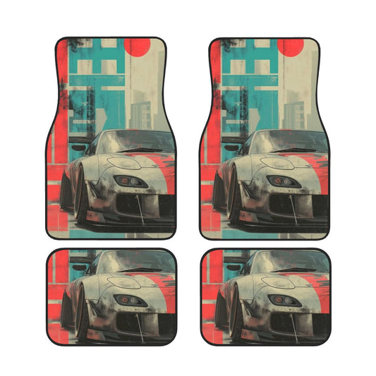 Four car floor mats with a sports car design on a white background