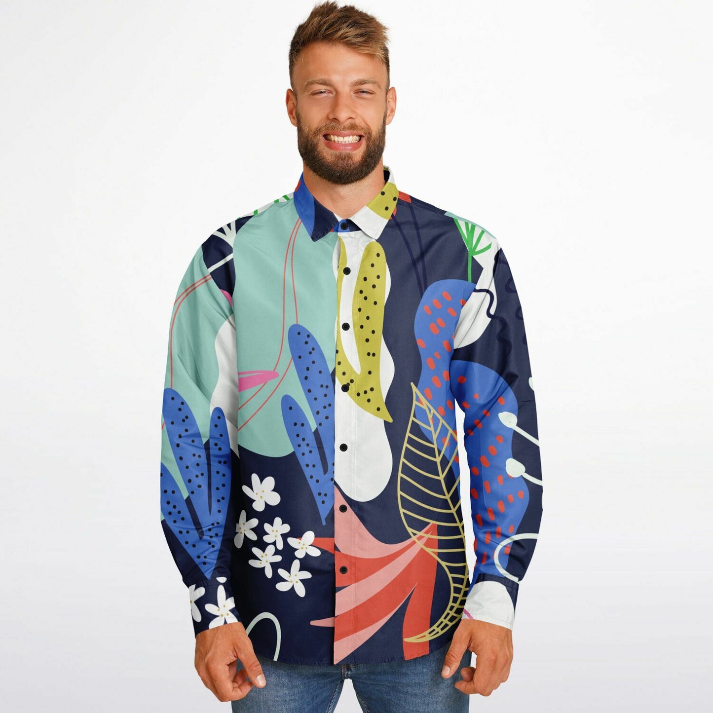 Floral Garden Hand Drawing Long Sleeve Button Down Shirt - AOP