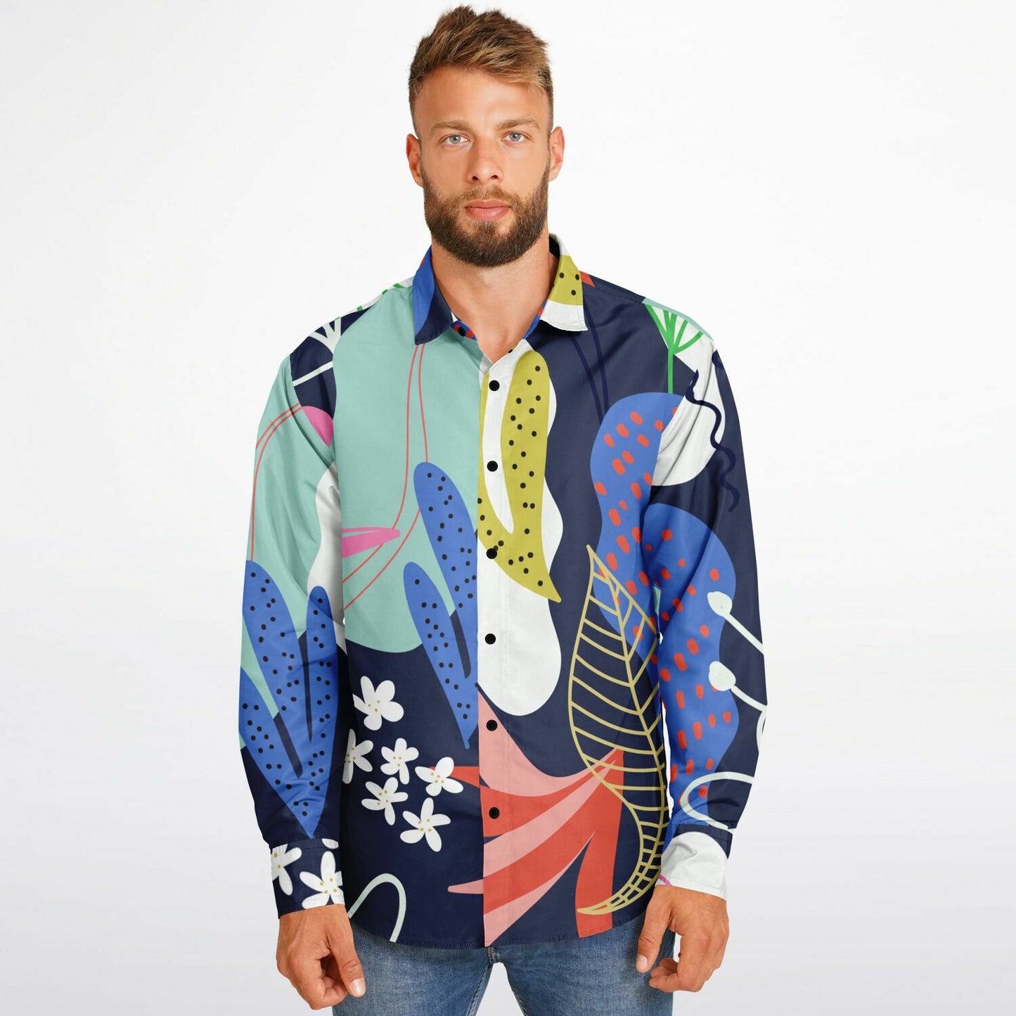 Floral Garden Hand Drawing Long Sleeve Button Down Shirt - AOP