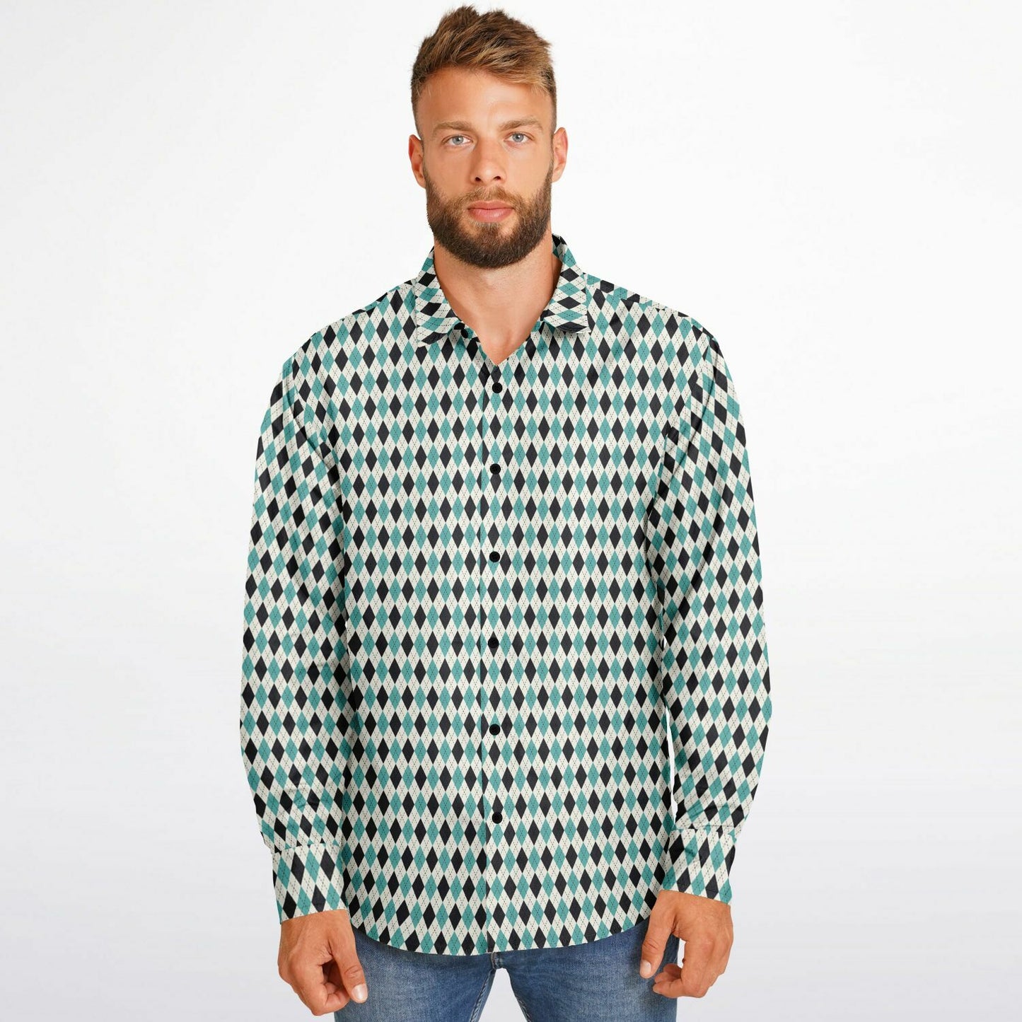 Tile Pattern Long Sleeve Button Down Shirt - AOP