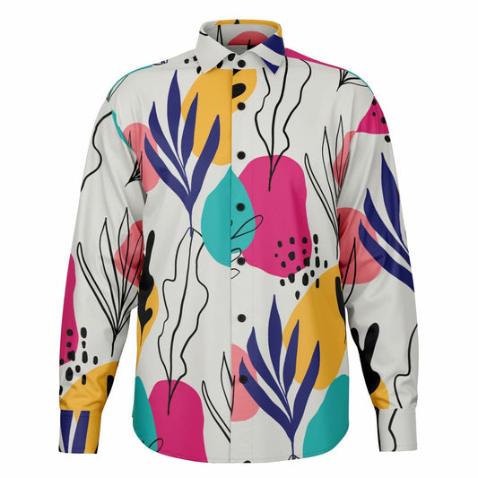 Abstract Floral Colored Pattern Long Sleeve Button Down Shirt - AOP