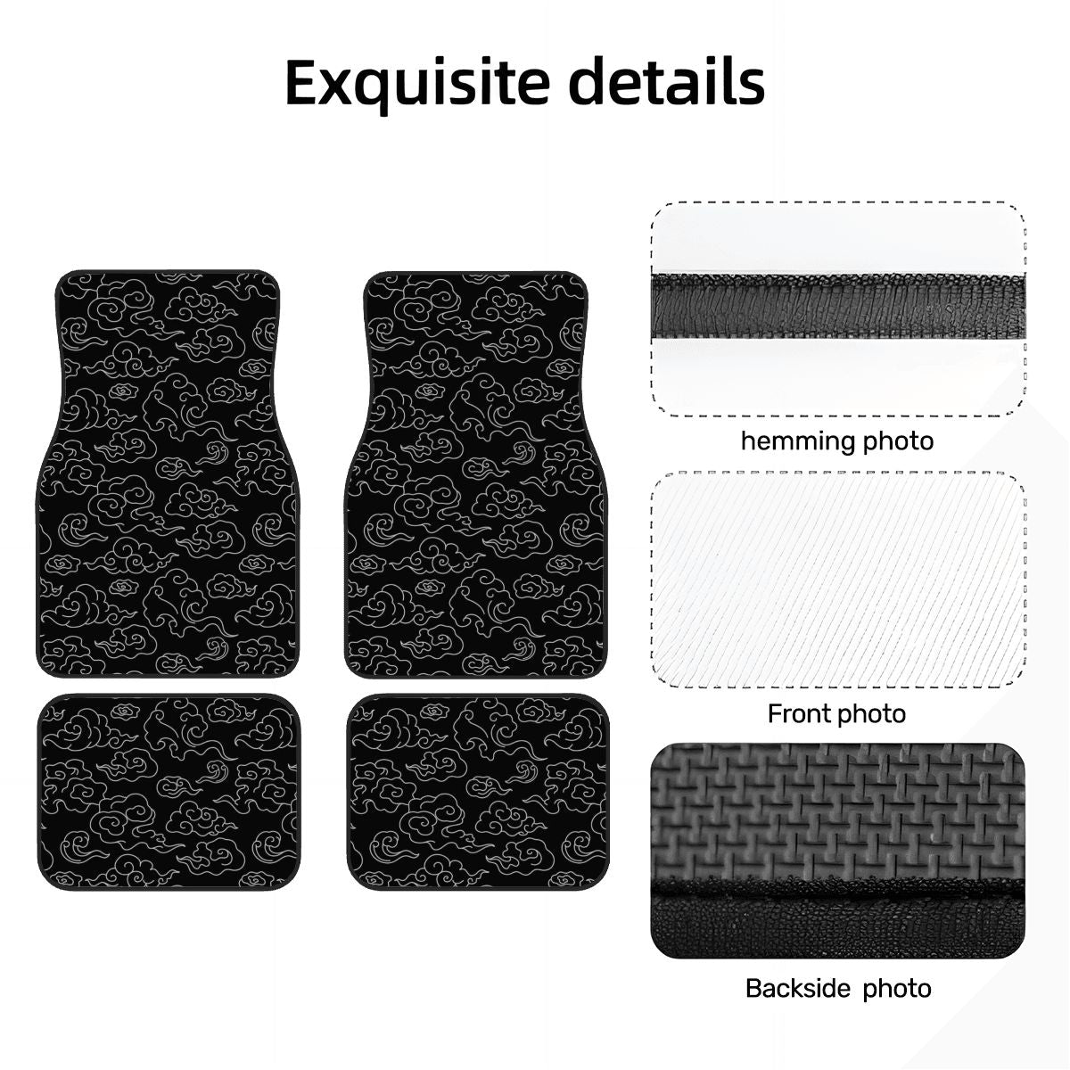 Car floor mats with celestial pattern, hemming photo, front photo, and backside photo displayed.