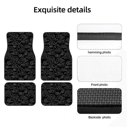 Car floor mats with celestial pattern, hemming photo, front photo, and backside photo displayed.