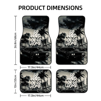 Car floor mats with 'Go Hard or Go Home' text and vehicle graphic, shown with dimensions.