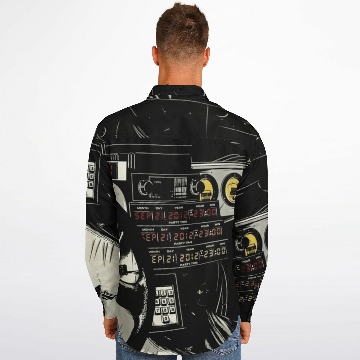 Delorean Time Machine Illustration Long Sleeve Button Down Shirt - AOP