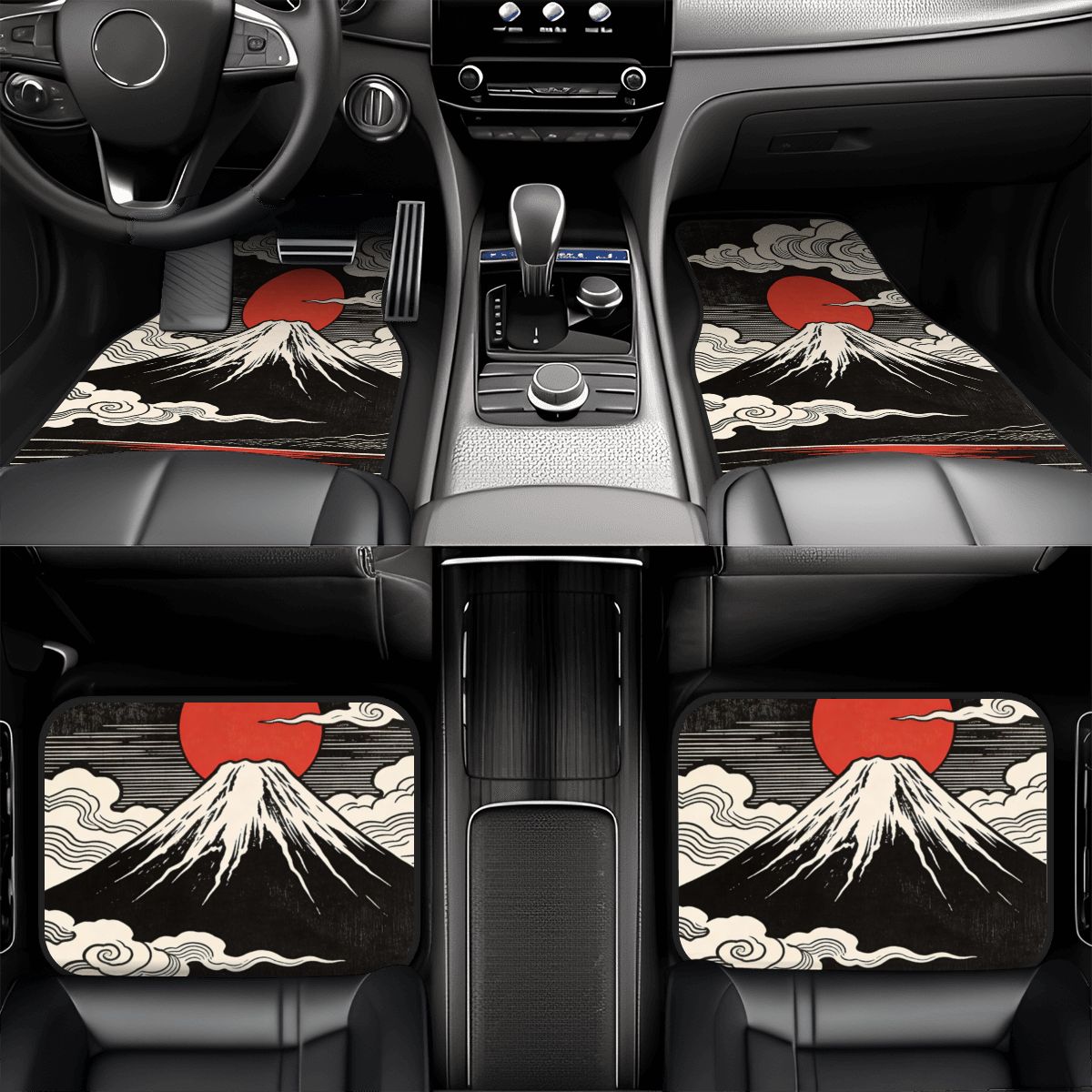 Car interior with Mount Fuji and red sun design car mats.