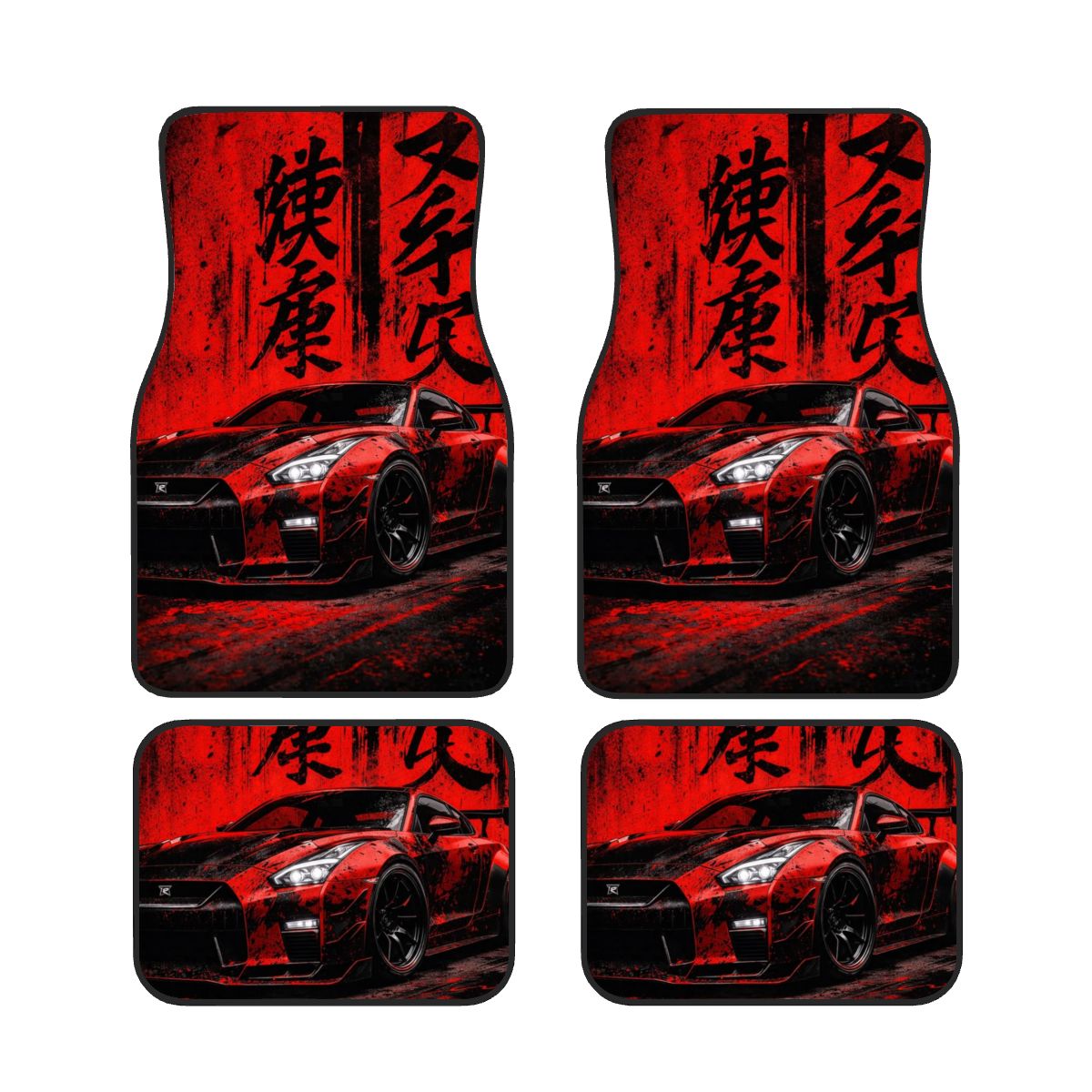 Set of car floor mats with a red sports car design and Japanese text on a white background.