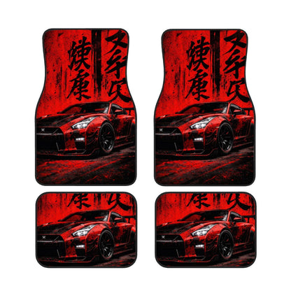 Set of car floor mats with a red sports car design and Japanese text on a white background.