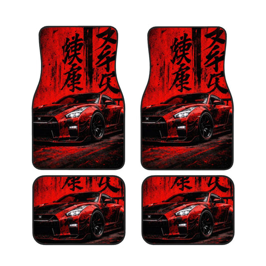 Set of car floor mats with a red sports car design and Japanese text on a white background.