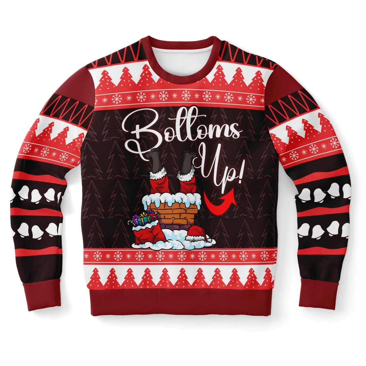 Christmas-themed sweater with Santa Claus design and 'Bottoms Up!' text on a white background