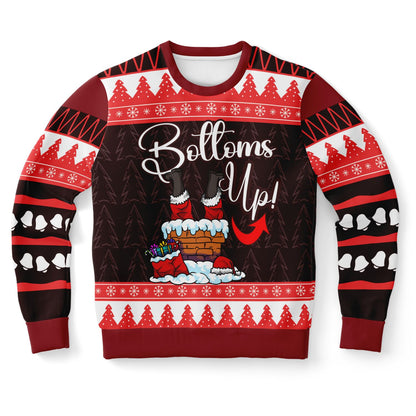 Christmas-themed sweater with Santa Claus design and 'Bottoms Up!' text on a white background