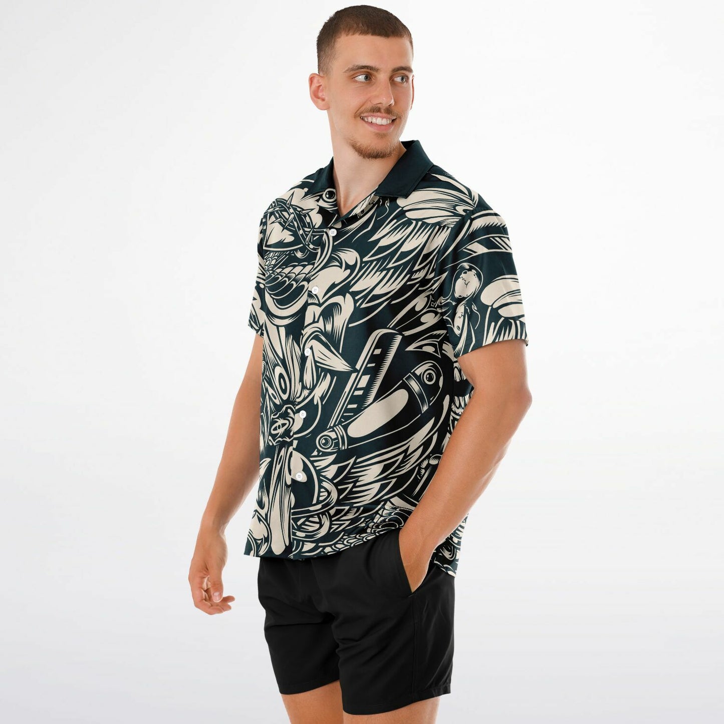 Abstract B&W Spread Collar Short Sleeve Shirt