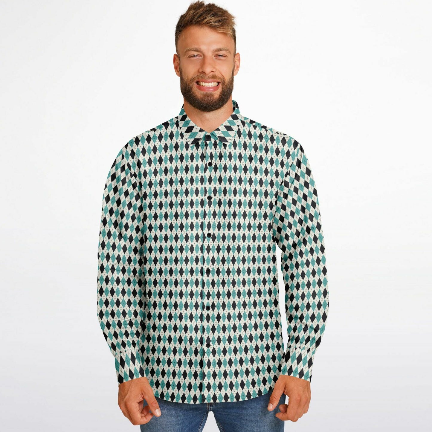 Tile Pattern Long Sleeve Button Down Shirt - AOP