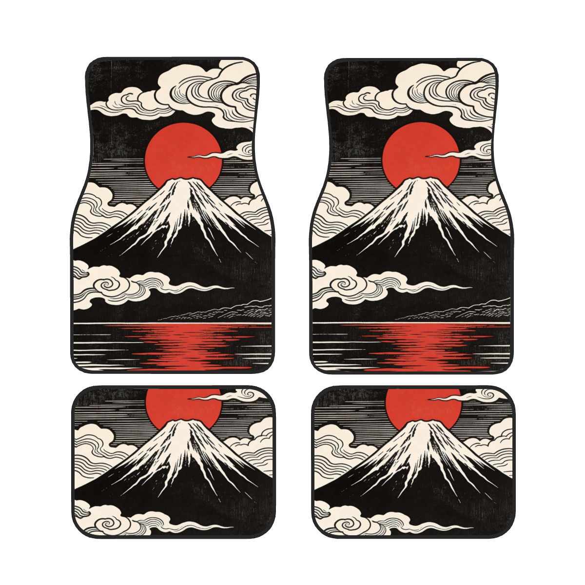 Four car floor mats with Mount Fuji and a red sun design on a white background