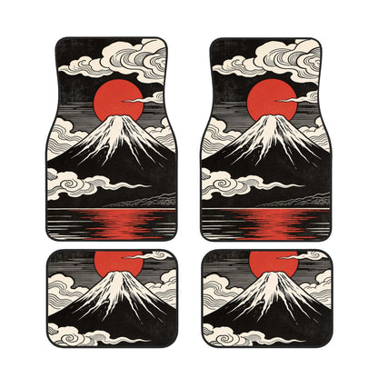 Four car floor mats with Mount Fuji and a red sun design on a white background