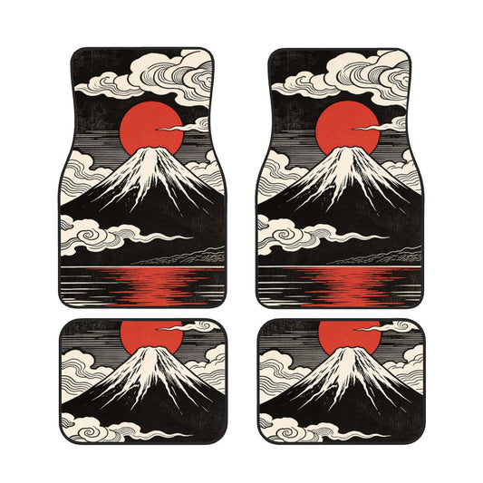Four car floor mats with Mount Fuji and a red sun design on a white background