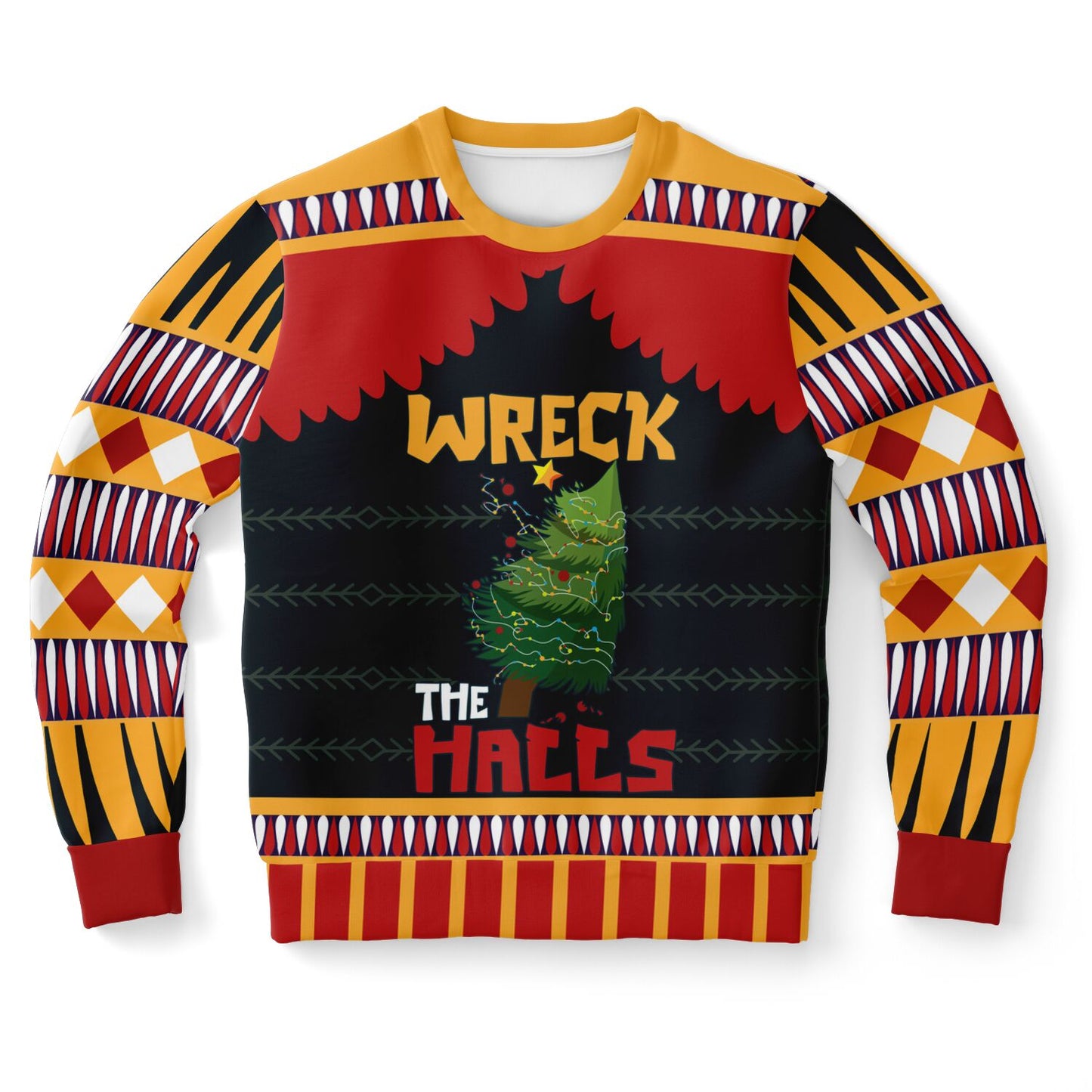 Colorful sweater with patterned sleeves and text on a white background