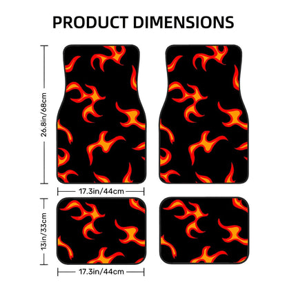 Flame-patterned car floor mats with dimensions on a white background