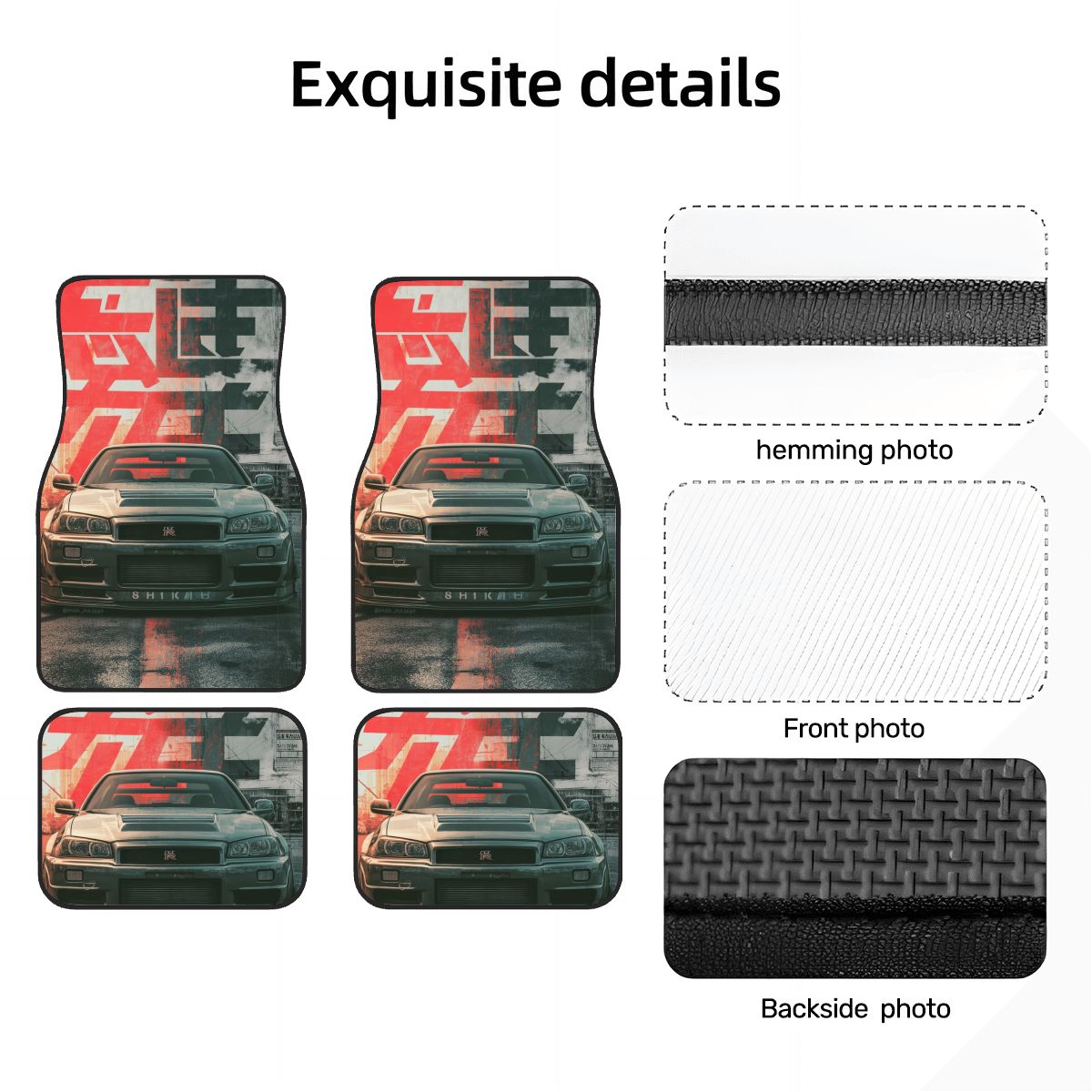 Car floor mats with a design of a car and a flag, showing front, back, hemming, and backside views.