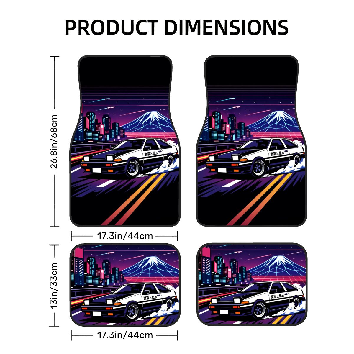Car floor mats with a design of a car on a road with mountains and city lights, including dimensions.
