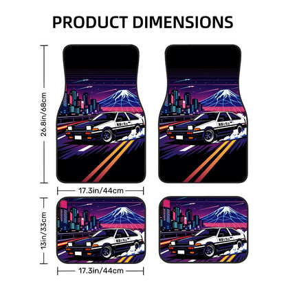 Car floor mats with a design of a car on a road with mountains and city lights, including dimensions.