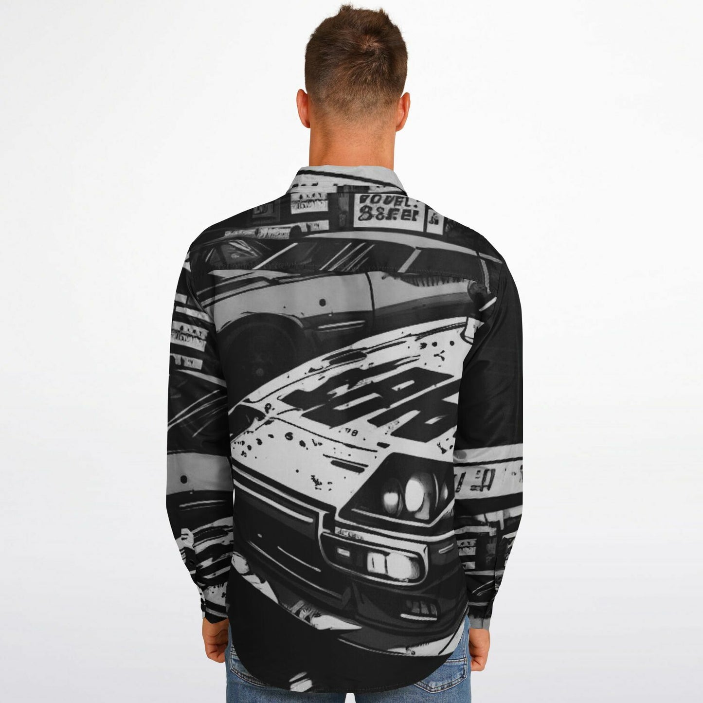 Black and White JDM Art Long Sleeve Button Down Shirt - AOP