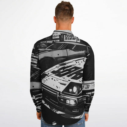 Black and White JDM Art Long Sleeve Button Down Shirt - AOP
