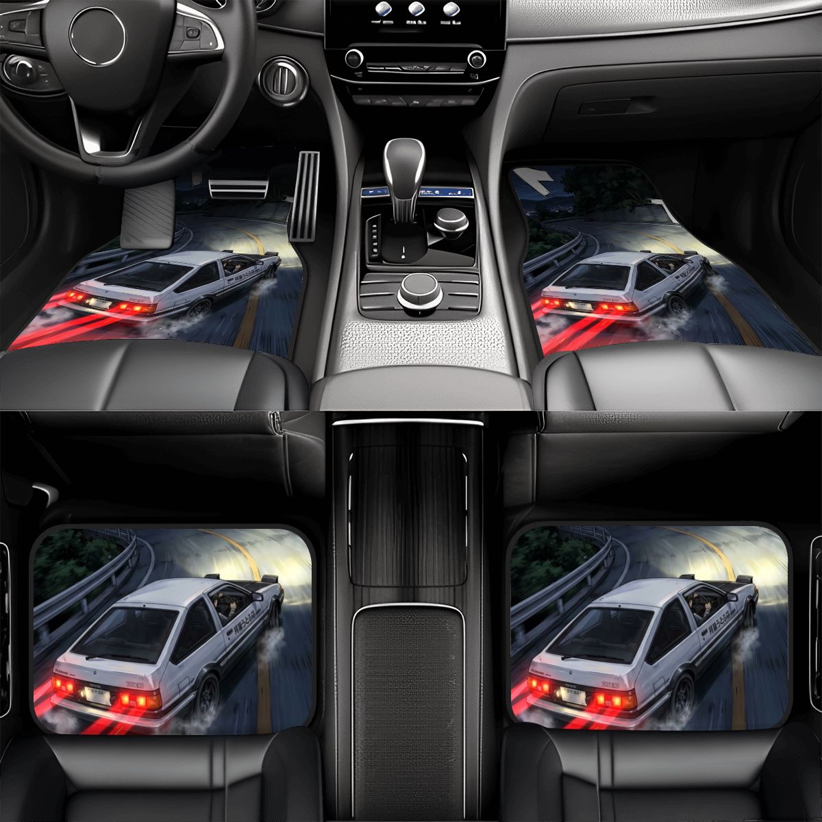 Car interior with custom floor mats featuring a white car design.