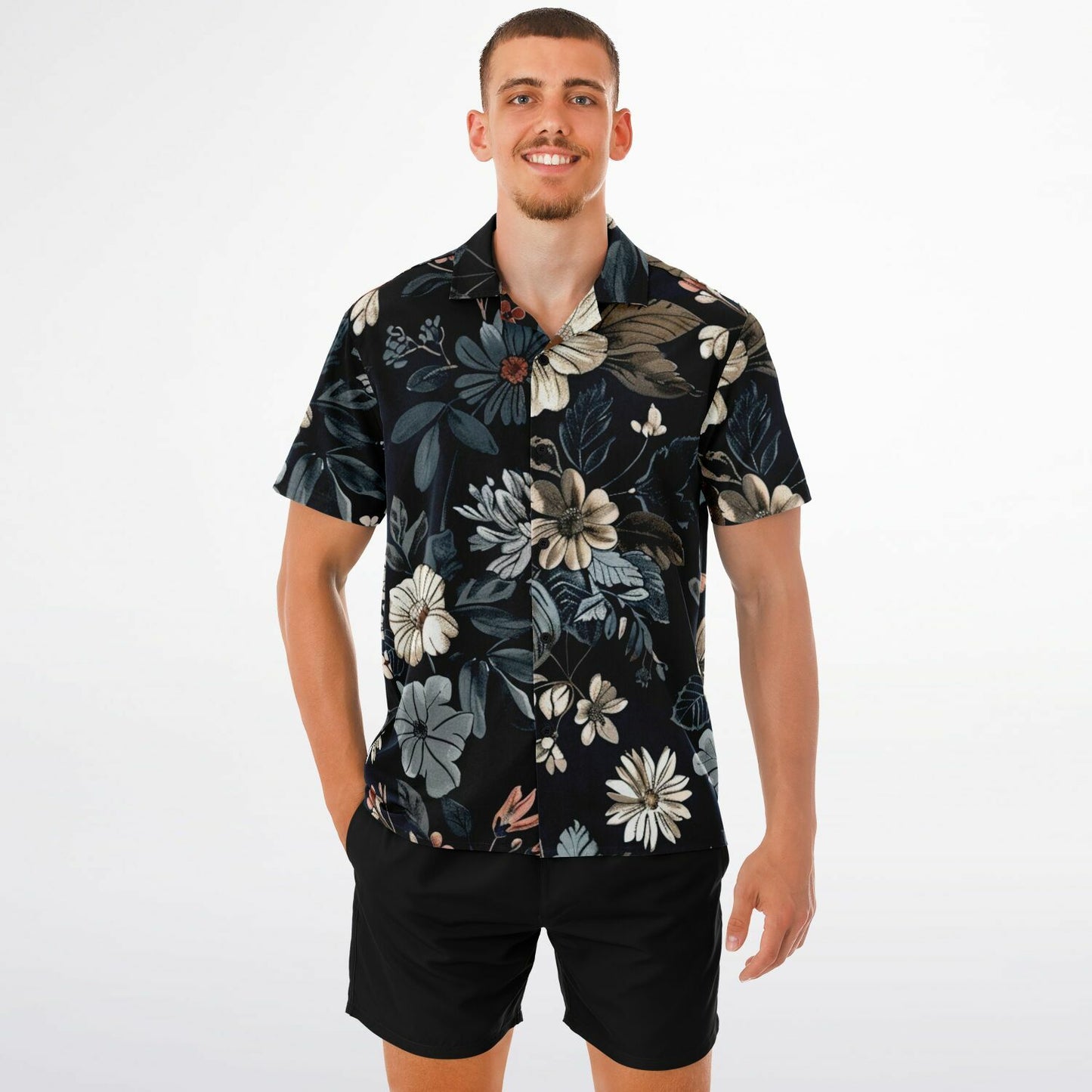 Floral Navy Spread Collar Short Sleeve Shirt