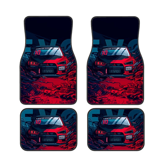Evo 10 inspired car floor mats flat lay product mockup image.