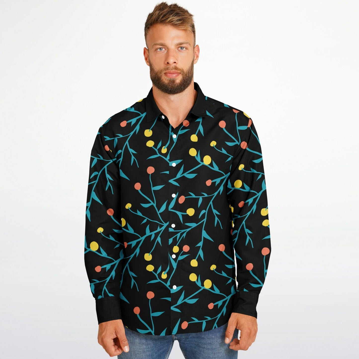 Tropical Pattern Long Sleeve Button Down Shirt - AOP