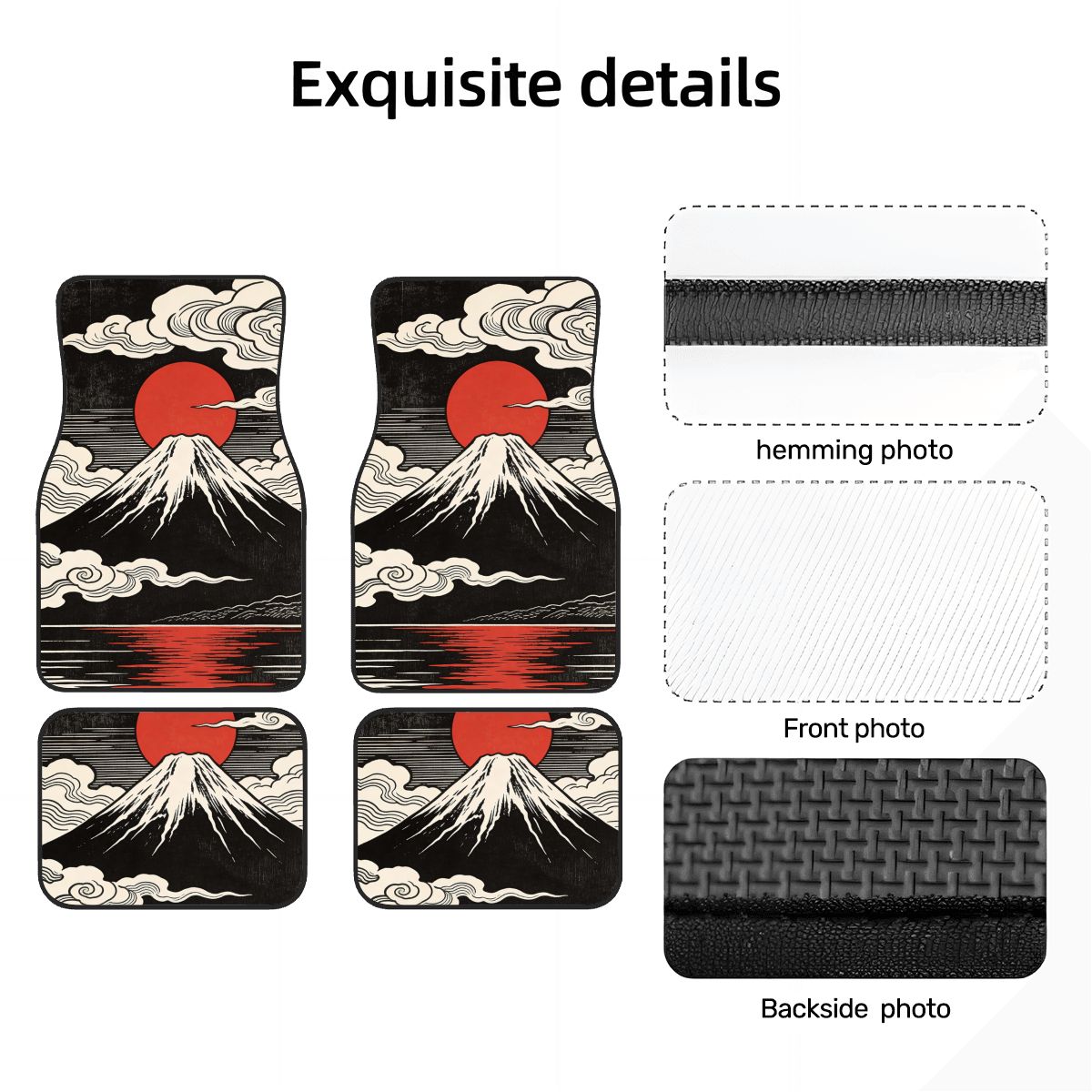 Car floor mats with Mount Fuji design on a white background