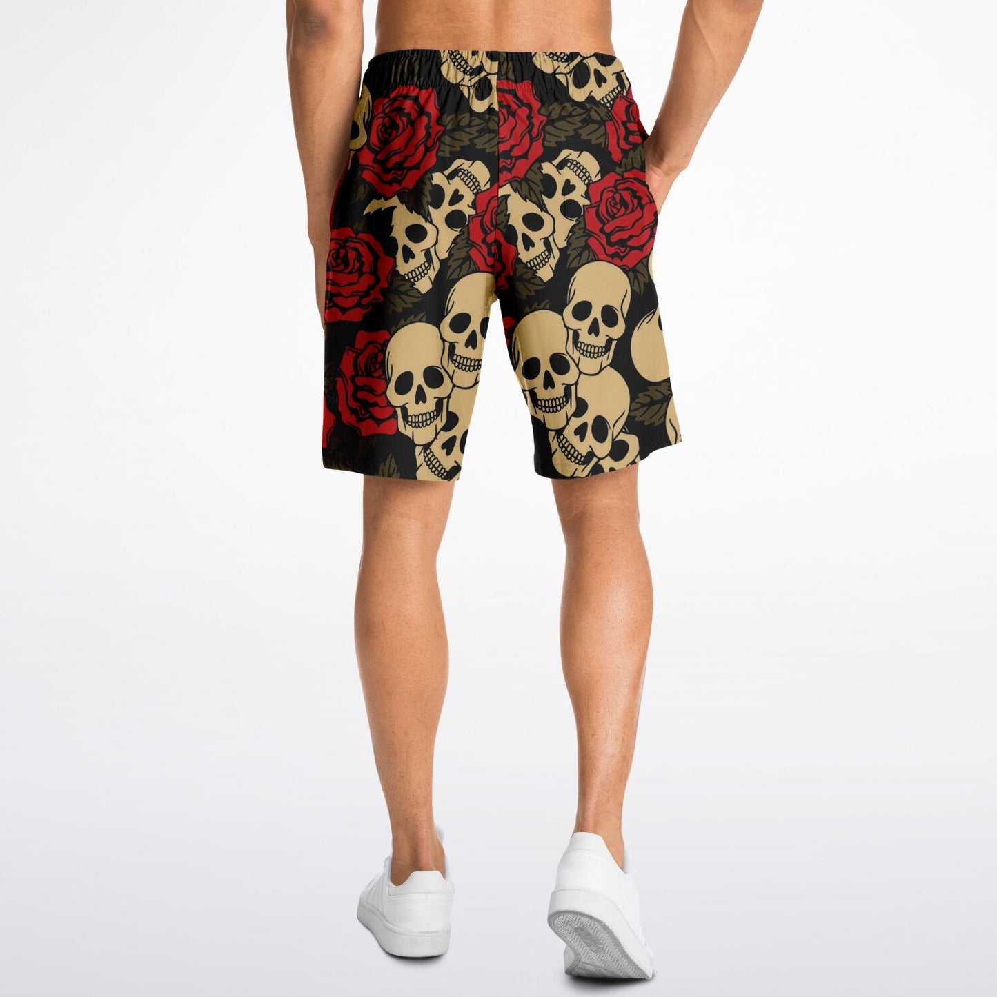 Roses and skulls pattern shorts on male model mockup backside 