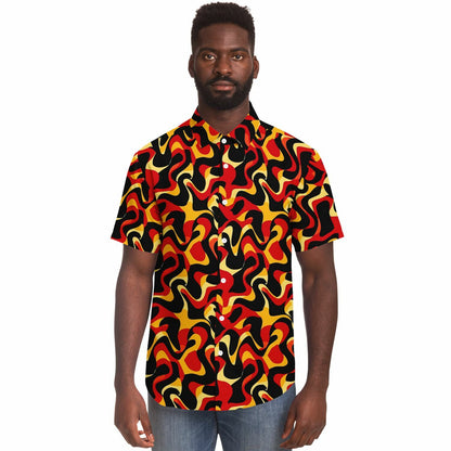 Orange Yellow Abstract Pattern Short Sleeve Button Down Shirt - AOP