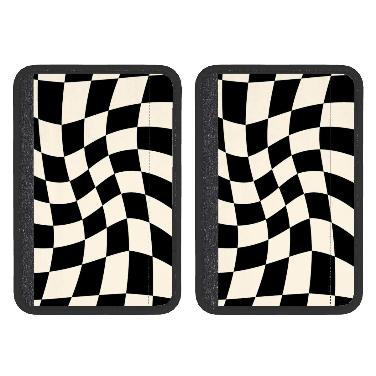 Two checkered flag seat belt cover pads with a black and white geometric pattern