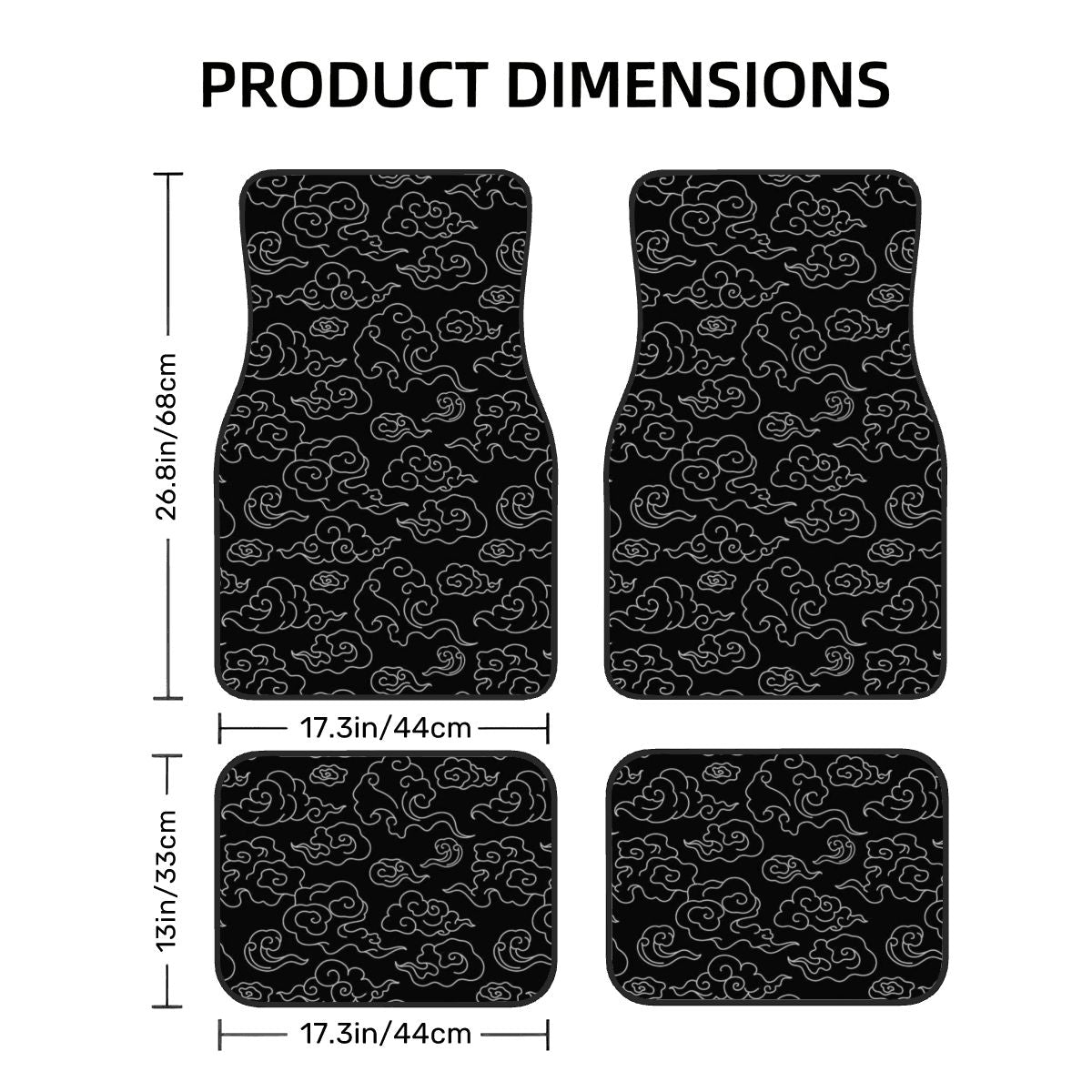 Car floor mats with cloud pattern and dimensions on a white background