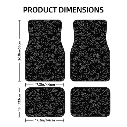 Car floor mats with cloud pattern and dimensions on a white background