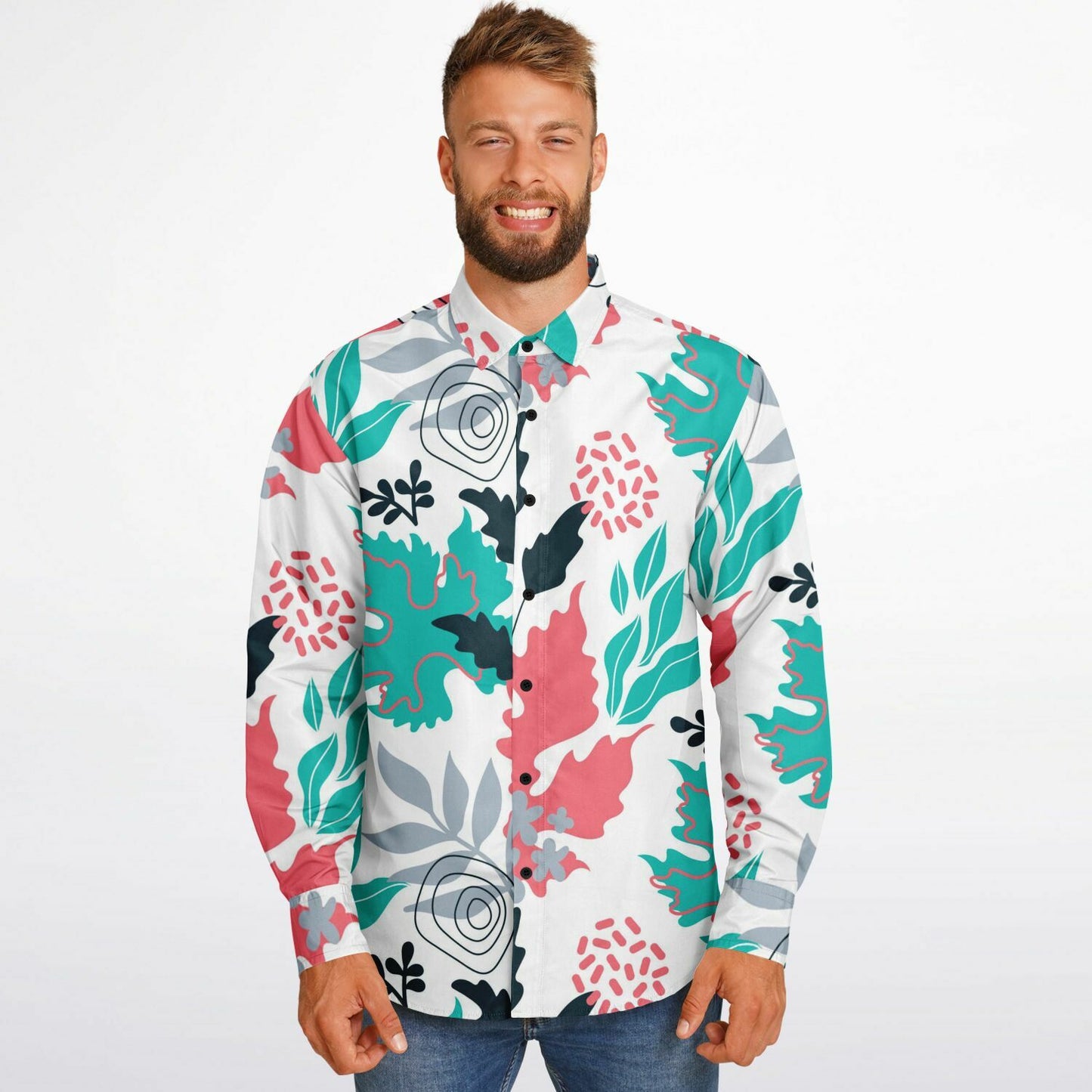 Floral Artwork Long Sleeve Button Down Shirt - AOP
