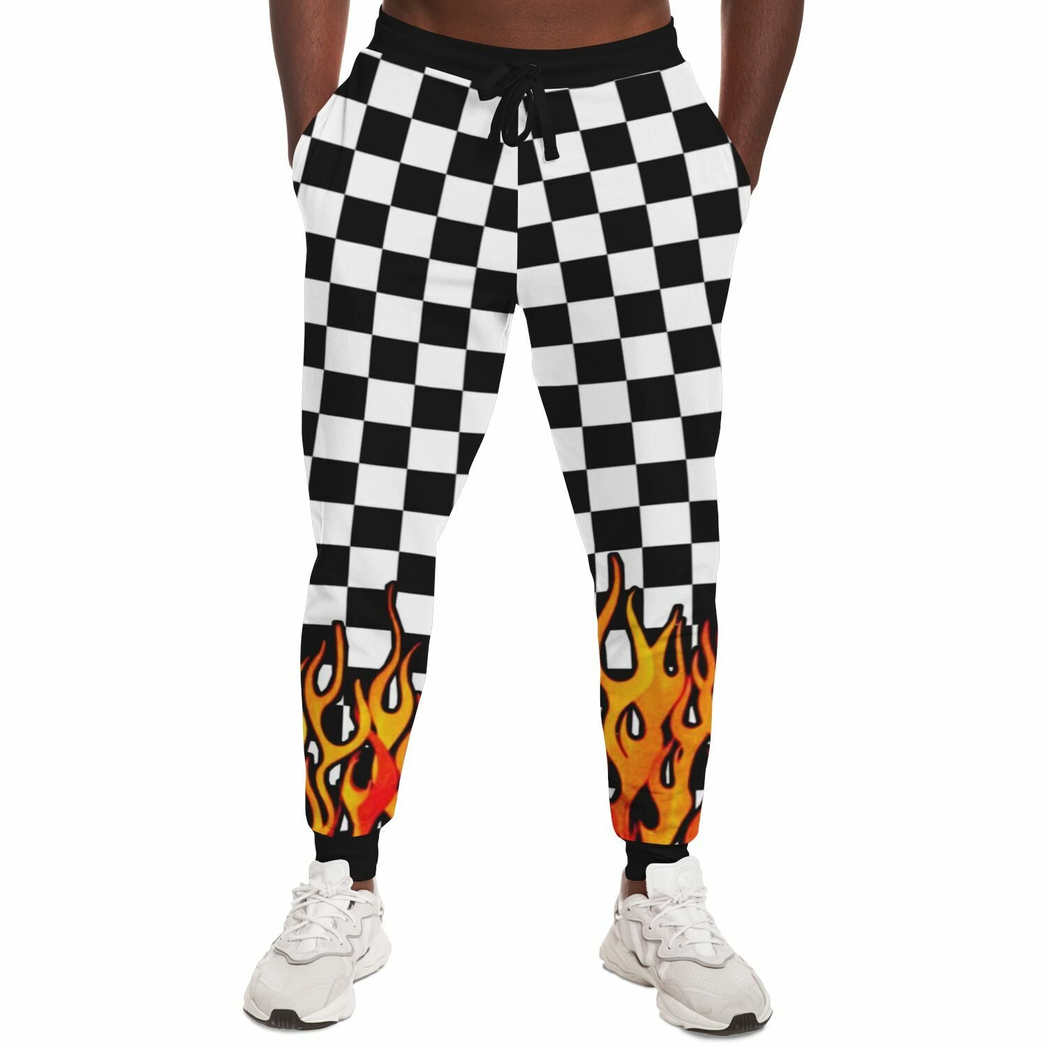 Checkered flames pattern sweatpants product mockup on male model front.