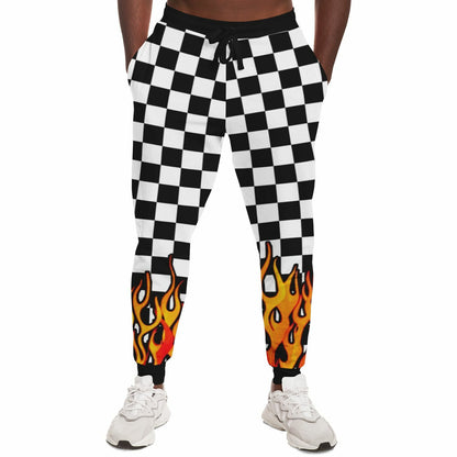 Checkered flames pattern sweatpants product mockup on male model front.