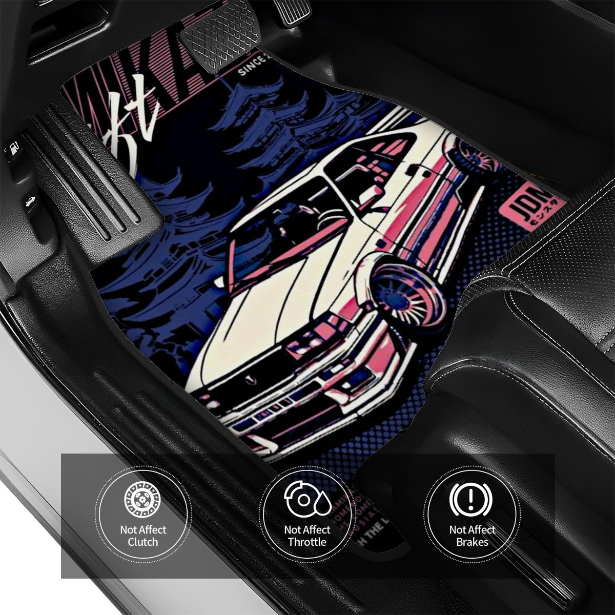 Jdm illustration poster automotive floor mats context mockup inside a car.