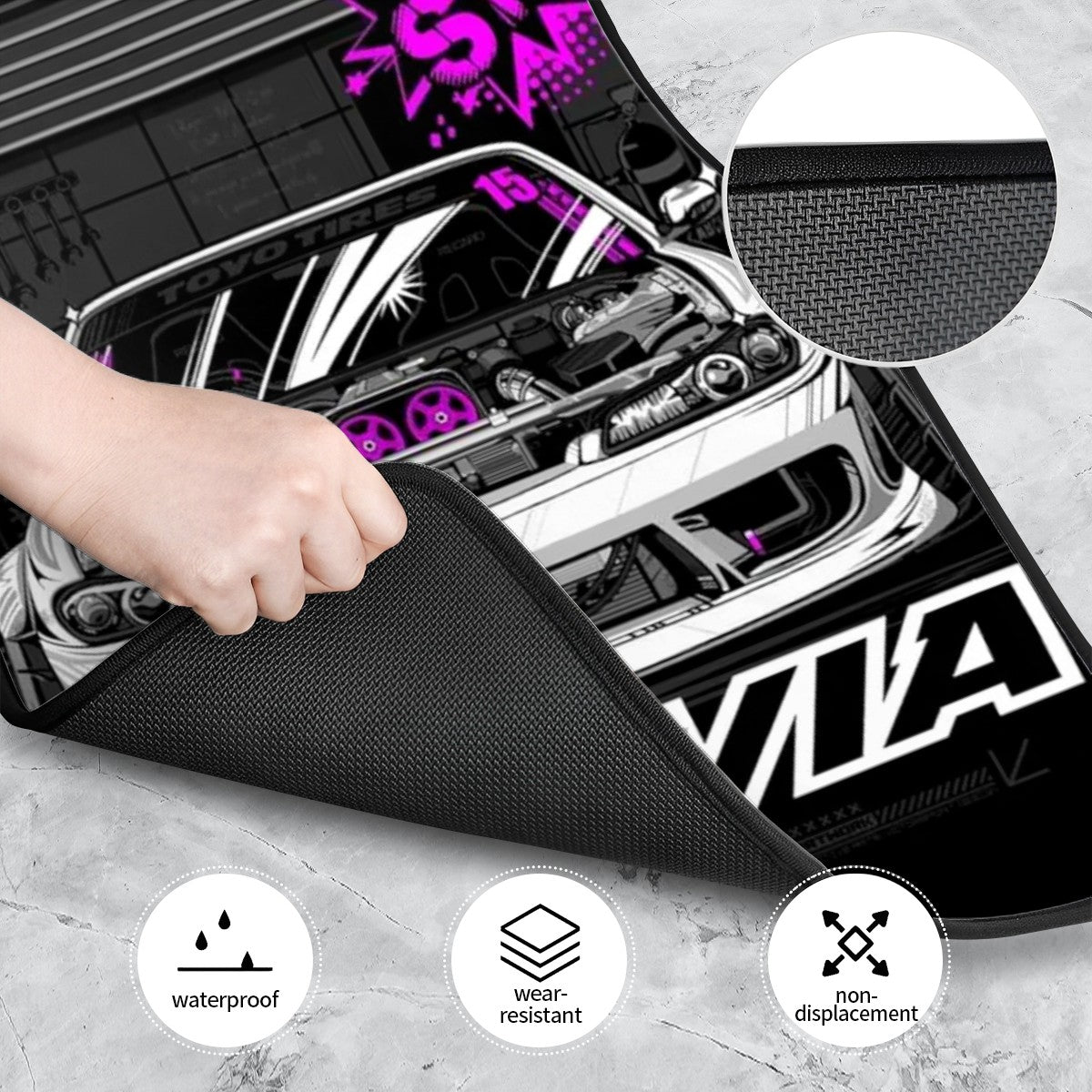 Silvia inspired car floor mats context mockup image.