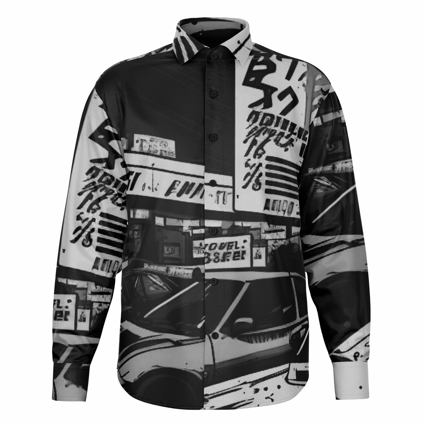 Black and White JDM Art Long Sleeve Button Down Shirt - AOP